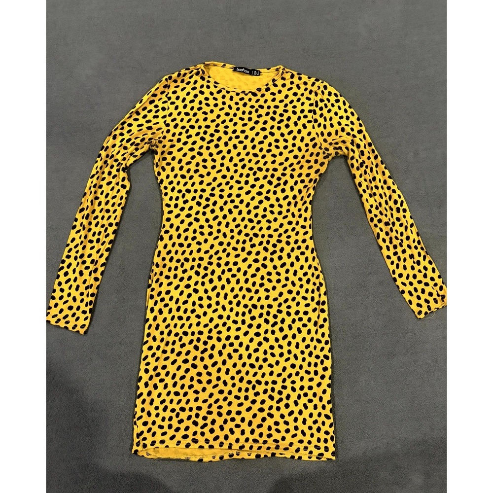Boohoo Bodycon Dress Womens‎ 4 Black Yellow Leopard Print Crew Neck Long Sleeve